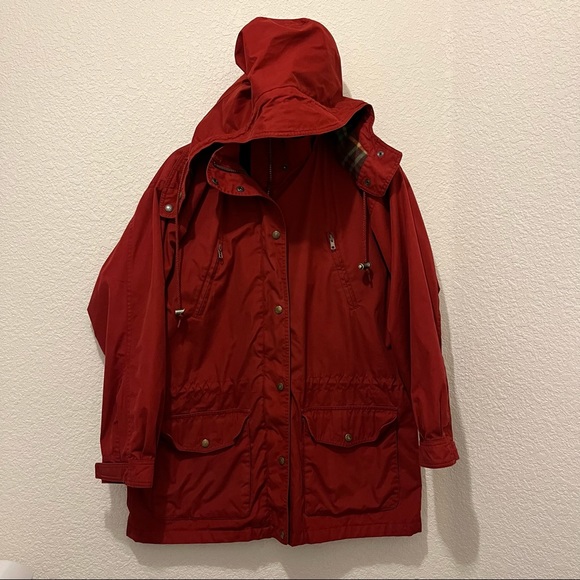 VTG Eddie Bauer Red Flannel Lined Chore Barn Coat Jacket Hooded Mens Size M - Picture 2 of 14